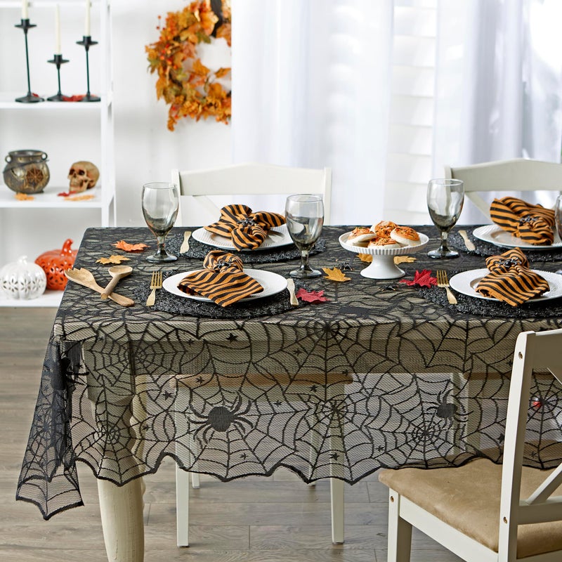 DII Black Lace Overlay Tabletop Collection Gothic Halloween Decor, Tablecloth, 54x72, Spider Web - Image 2